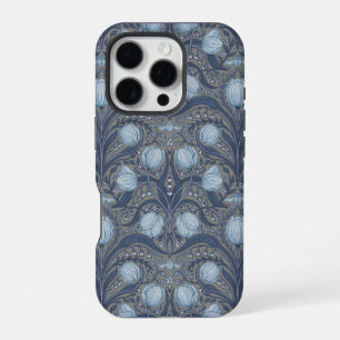 Coque iPhone 16 Pro Tulipes Rétro Nouveau en bleu et étain