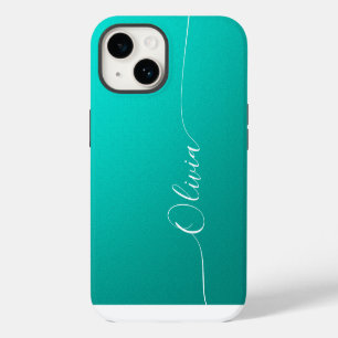 Coque Pour iPhone 14 Turquoise Blanc Élégant Nom en écriture calligraph