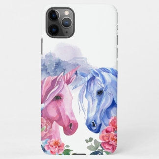 Coque iPhone 11Pro Max Unicornes avec fleurs Aquarelle Art