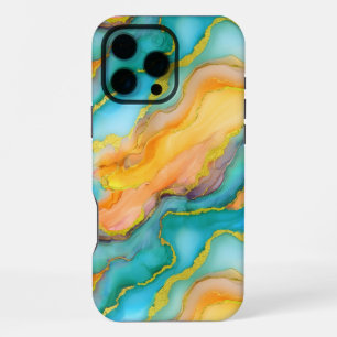 Coque iPhone 16 Pro Max Vagues océaniques dans un motif sarcelle et jaune-