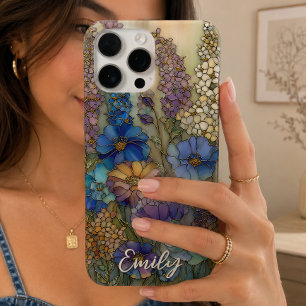 Coque iPhone 16 Pro Max Verre Coloré de Jardin Floral Personnalisé Vintage