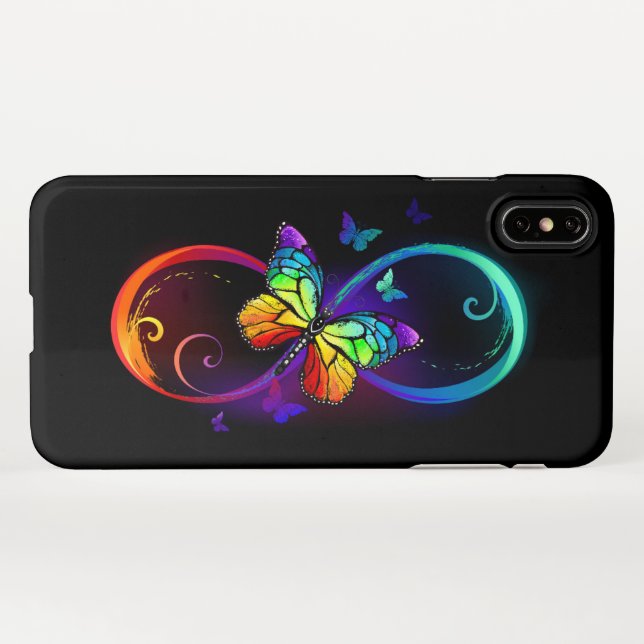 Coque iPhone Vibrant infinity with rainbow butterfly on black (Dos Horizontal)