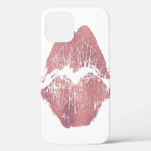 Coque iPhone 12 Vintage empreinte de lèvre rose, or rose.