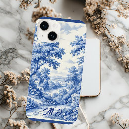 Coque Pour iPhone 14 Vintage Landscape French Toile Blue Flora Monogram