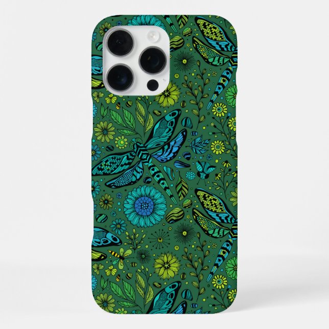 Coque iPhone Vole, vole libellule sur vert émeraude (Verso)