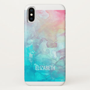 Coque iPhone X couleur rose et bleu aquarelle