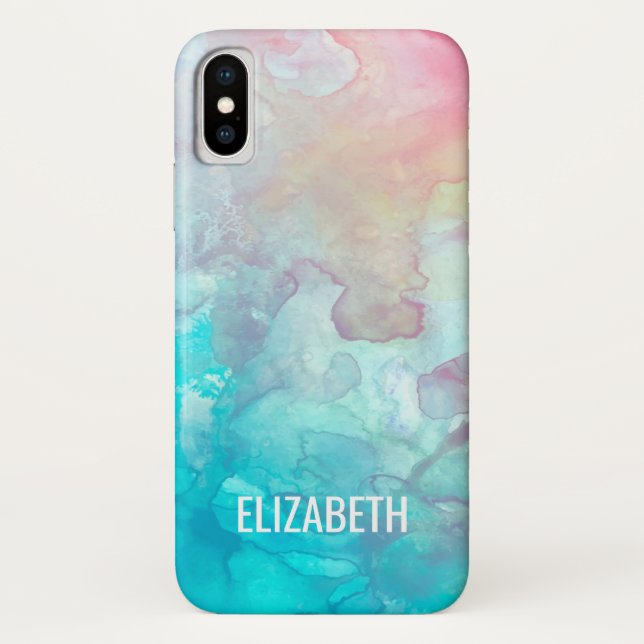 Coque iPhone X couleur rose et bleu aquarelle (Dos)