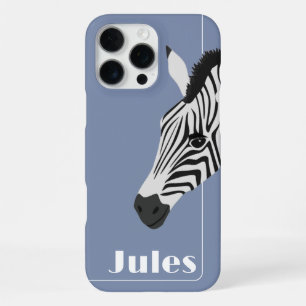 Coque iPhone 16 Pro Max Zèbre Noir Blanc Bleu ajouter Nom