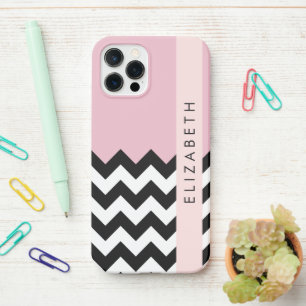 Coque iPhone 12 Pro Zigzag noir et blanc, Chevron, rose, Votre nom