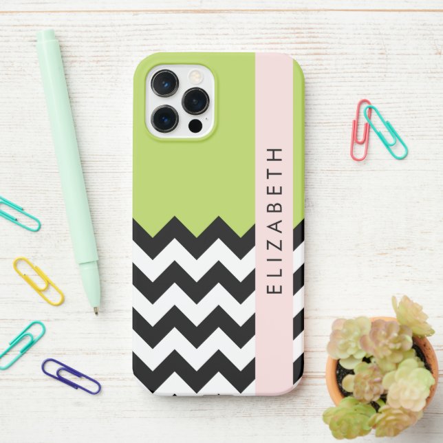 Coque iPhone Zigzag noir et blanc, Chevron, Vert, Votre nom (Sur le bureau)