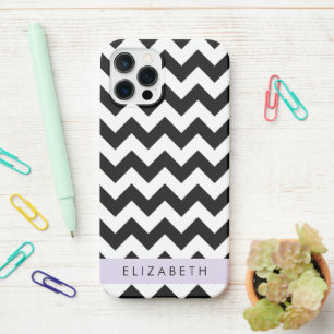 Coque iPhone 12 Pro Zigzag noir et blanc, Motif Chevron, Votre nom