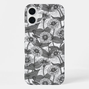 Coque iPhone 16 Plus Zinnias, monochrome sur blanc