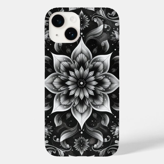 Coque Pour iPhone 14 Élégant coque iphone floral blanc noir (Verso)