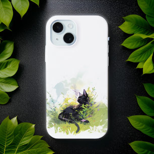 Coque Pour iPhone 15 Chat noir sur l'iPhone Grass 15 à peine là Coque