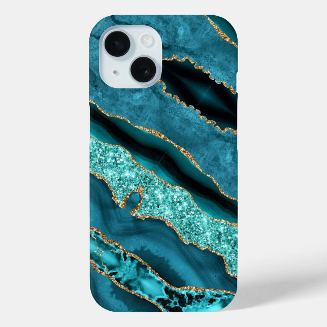 Coque Pour iPhone 15 coque iphone en marbre de Parties scintillant turq (Verso)