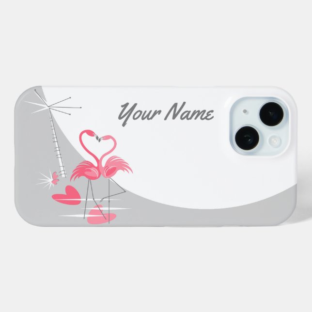 Coque Pour iPhone 15 Flamant rose Love Moon Nom coque iphone horizontal (Verso (horizontal))