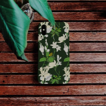 Fleurs blanches vert foncé arrière iPhone / coque 