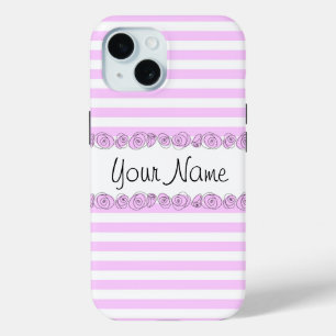 Coque Pour iPhone 15 Rose Lilac 'Nom' rayé coque iphone vertical rayé