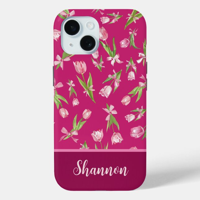 Coque Pour iPhone 15 Tulipes roses avec coque iphone de lignes (Verso)