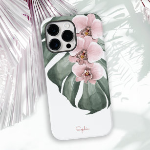 Coque Pour Pour iPhone 14 Pro Max Orchidées roses sur Monstera Flore tropicale avec 