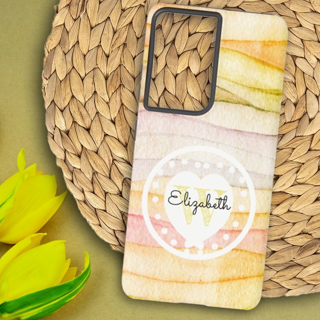 Coque Samsung Galaxy Aquarelle colorée Vagues Monogramme Coeur blanc (Looking for a gift? Here's a personalized phone case also available in a variety of iPhone styles.)