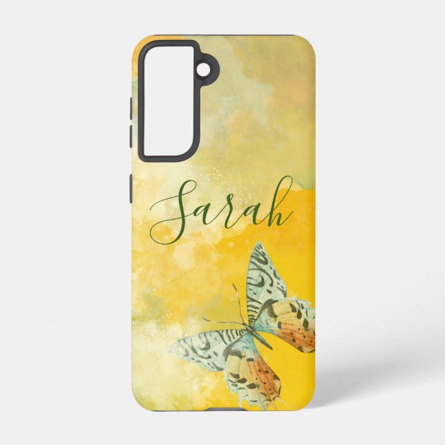 Coque Samsung Galaxy Aquarelle jaune Monogramme Nom Tie Dye Papillon (Verso)