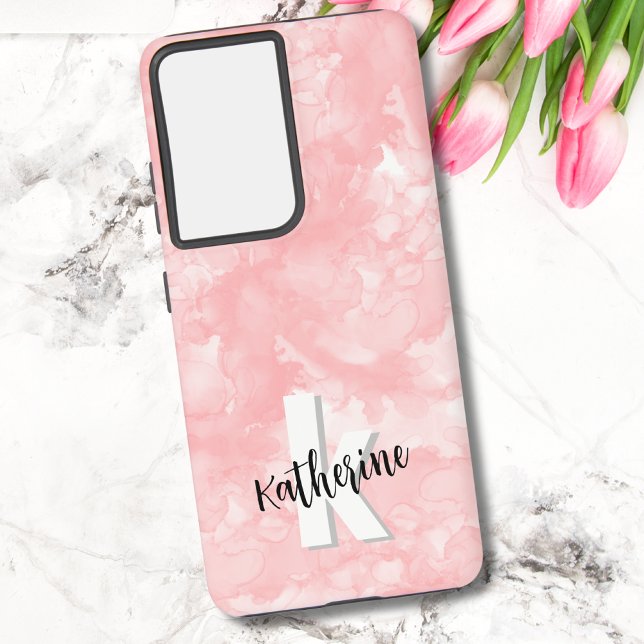 Coque Samsung Galaxy Aquarelle rose chic moderne Initiales Monogramme (Stylish Pink Watercolor Initials Monogram Samsung Galaxy S21+ Case)