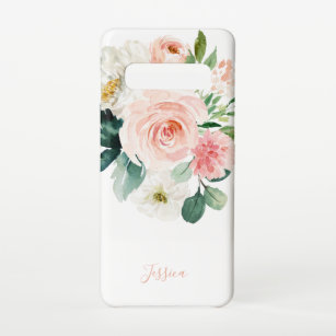 Coque Samsung Galaxy S10 Aquarelle rose pâle Floral avec votre nom