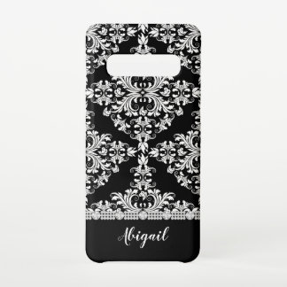 Coque Samsung Galaxy S10 Blanc sur Damas noir avec des pavés et un nom