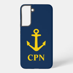 Coque Samsung Galaxy Bleu marine et jaune ancre nautique monogrammée
