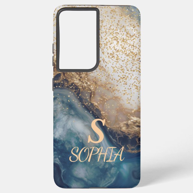 Coque Samsung Galaxy blue marble chic gold glitter monogram (Verso)