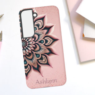 Coque Samsung Galaxy Boho Chic Fleur Mandala personnalisé Or Rose