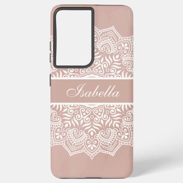 Coque Samsung Galaxy Boho Dusty Rose et White Mandala Nom personnalisé (Verso)