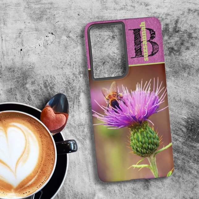 Coque Samsung Galaxy Bumble Bee Purple Thistle Flower Gros plan Photo (back case cover with template text)
