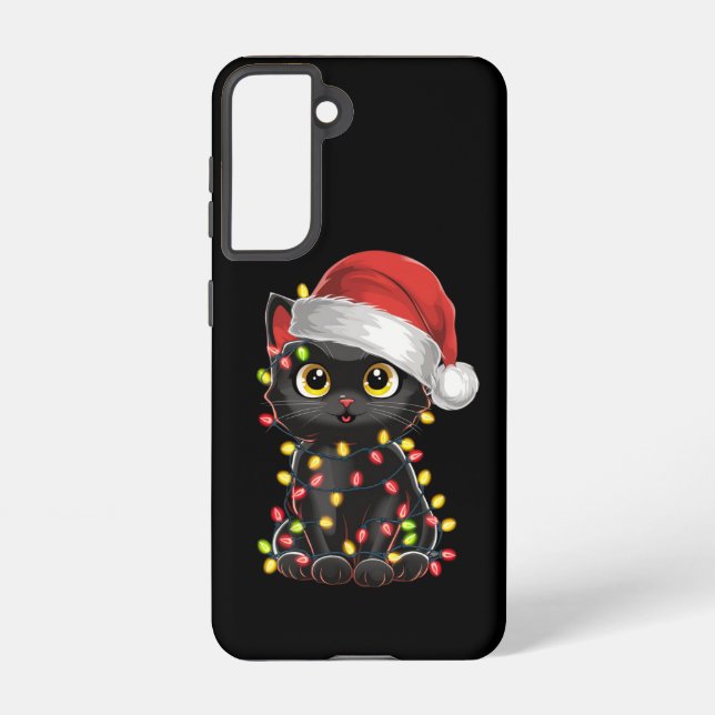 Coque Samsung Galaxy Chat noir lumières d'arbre de Noël chaton drôle Pè (Verso)