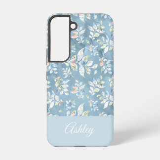 Coque Samsung Galaxy Chic Motif Feuille Bleue Pastel/Nom Personnalisé
