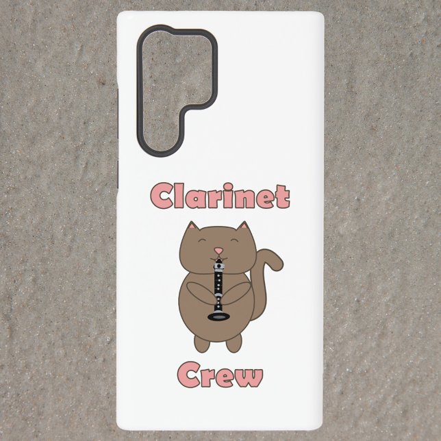 Coque Samsung Galaxy Clarinet Crew Cat drôle (A phone case with a brown cat playing the clarinet and the words clarinet crew in pink.)