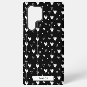 Coque Samsung Galaxy Cœurs Doodle Noir Blanc Motif Monogramme Nom