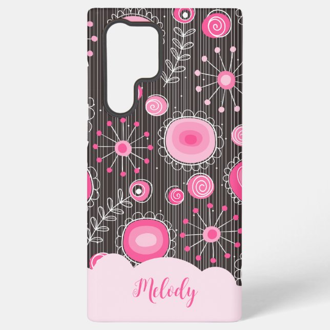 Coque Samsung Galaxy Coeurs gris rose blanc et nom fleuri (Verso)
