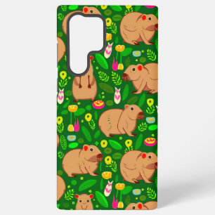 Coque Samsung Galaxy Croquis Capybara avec fleurs de printemps sur vert