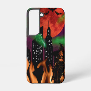 Coque Samsung Galaxy Éffrayant Fire Witch Cityscape Red Moon Halloween