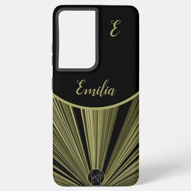 Coque Samsung Galaxy Élégant Monogramme moderne Black Gold Starburst (Verso)