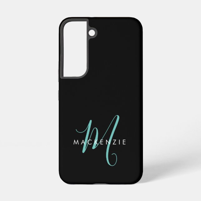 Coque Samsung Galaxy Élégant Noir Turquoise Script Monogramme moderne (Verso)