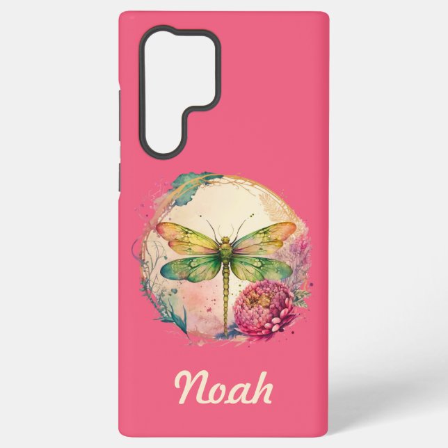 Coque Samsung Galaxy Élégante libellule florale avec nom personnalisé (Verso)