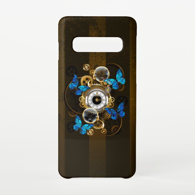 Coque Samsung Galaxy Engrenages à vapeur et papillons bleus (Dos)