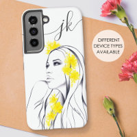 Femme Face Fleurs Jaunes Mode Élégant Monogramme