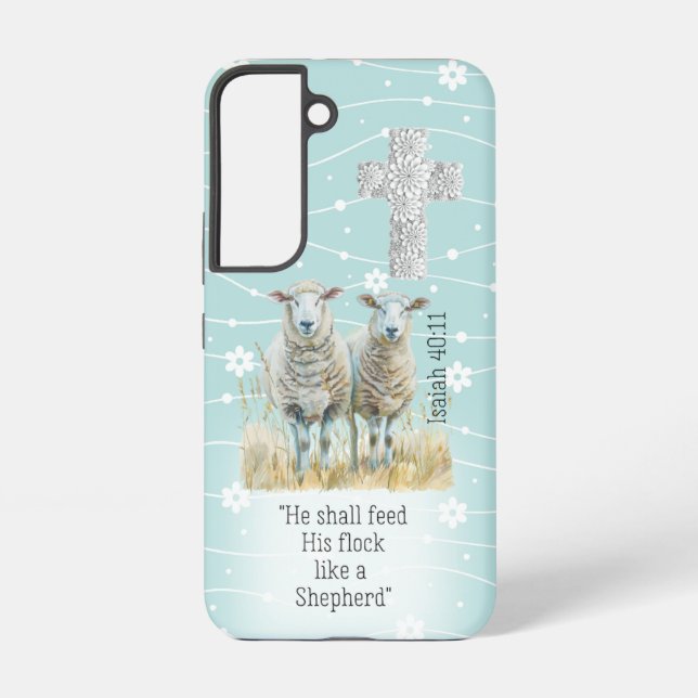 Coque Samsung Galaxy Fille Bleu Flore Mouton Croix Bible (Verso)