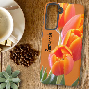 Coque Samsung Galaxy Fleurs de tulipes orange vibrant nom personnalisé