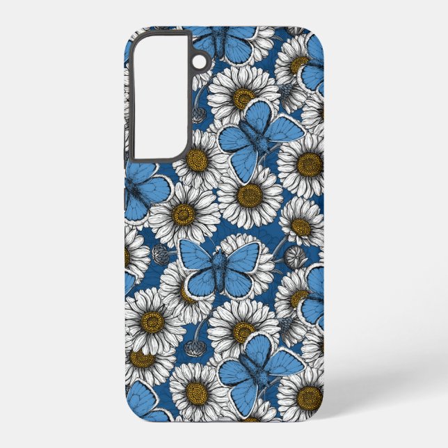 Coque Samsung Galaxy Fleurs sauvages blanches et papillons bleus (Verso)