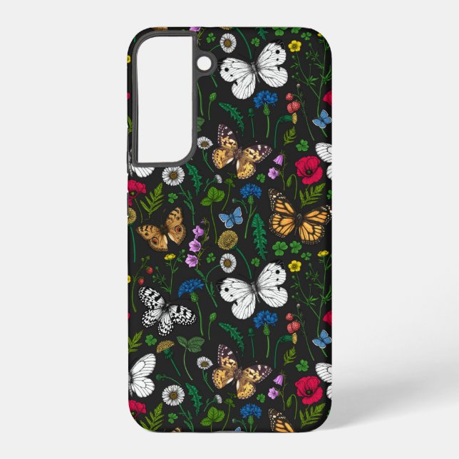 Coque Samsung Galaxy Fleurs sauvages et papillons sur le noir (Verso)